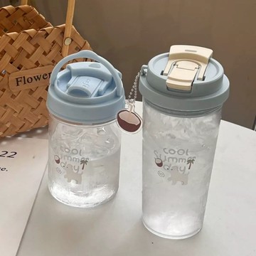 【台灣出貨】韓風吸管杯 椰子小狗 夏季 ins水杯女生高顏值可愛吸管杯學生上課便攜塑料杯子 高顏值一體吸管杯 防摔 水杯