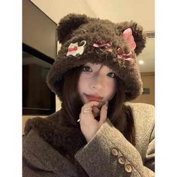 可愛小熊耳朵貓咪蝴蝶結毛絨帽女秋冬季保暖護耳雷鋒帽顯臉小帽子