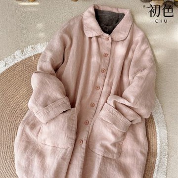 初色 文藝亞麻風寬鬆娃娃領排釦長袖夾棉中長大衣棉服外套女外套-共2色-17066(L-2XL可選)