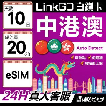 LINKGO白鑽卡 中港澳 eSIM卡 10天上網卡 總流量20GB 高速流量 免翻牆可熱點(中港澳網卡 中國 大陸 香港 澳門 虛擬卡)