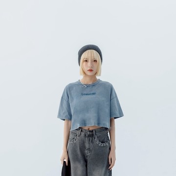 QUEENSHOP_S 女裝 短袖 BONJOUR洗水造型短版上衣 兩色售 現+預 【01099630】