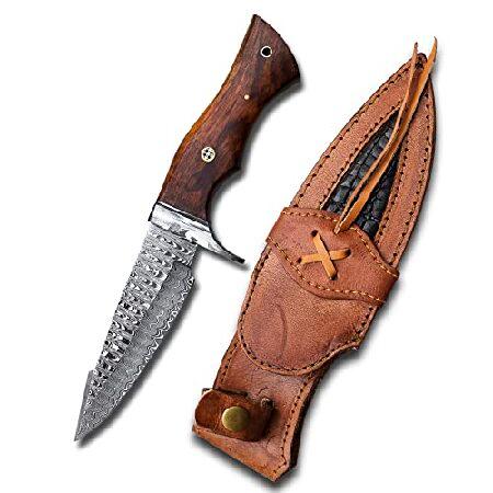 Vintage Blacksmith  Handmade Damascus Hunting Knife Bushcraft Fixed Blade Hunting Knife with Sheath and Rose Wood Handle 10