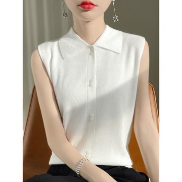 無袖POLO領背心內搭女裝高級感翻領針織白色西裝打底衫仿羊毛上衣