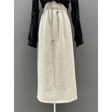 加絨半身裙女春秋 松緊開叉a型純色包臀裙通勤柔軟修身工作中長裙