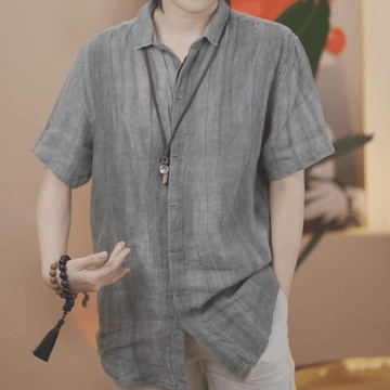 男裝日系复古感压皱短袖男士亚麻衬衫夏季休闲透气上衣宽松半袖衬衣男