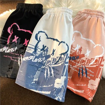 粉色小熊短褲女夏學生寬松闊腿中褲ins潮2022新款休閑運動五分褲