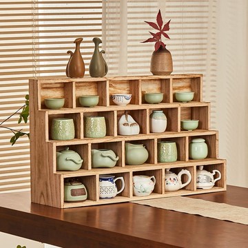 免運 博古架 茶架 杯架 置物架 收納架 新中式桌上實木博古架多寶閣格子架茶具展示架家用多層階梯置物架特惠/開立發票 全館八折 特價出 工廠現貨