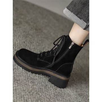 小個子厚底磨砂真皮馬丁靴女2025秋冬新款百搭圓頭系帶高跟短筒靴