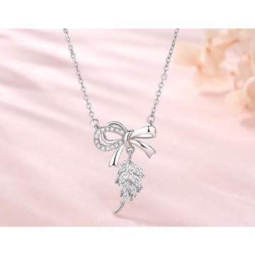ANGEL 收穫幸福麥穗蝴蝶結垂墜閃耀鋯石項鍊(白金色)