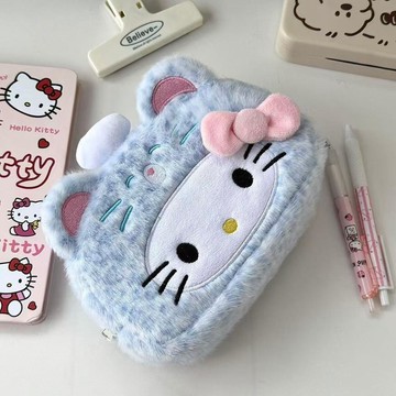 YOG-甜酷ins豹紋Kitty筆袋毛絨高顏值化妝包文具盒學生大容量收納袋