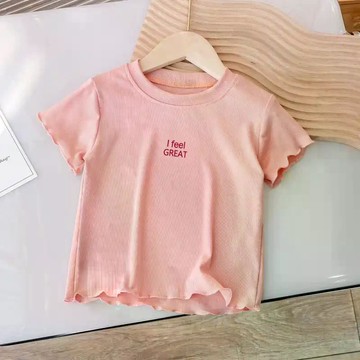 韓范兒~女寶寶韓系新款夏季百搭純色木耳邊T恤夏裝時尚潮款洋氣上衣 女童短袖T恤 中小童上衣 夏裝 可愛上衣 卡通T恤