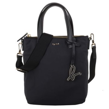 agnes b. 金草寫LOGO 尼龍直式拉鍊手提/斜背包(黑)mini