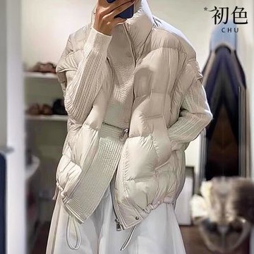 初色 純色無袖高領拉鍊單排釦雙口袋鴨絨馬甲背心女背心-共4色-16553(F可選)