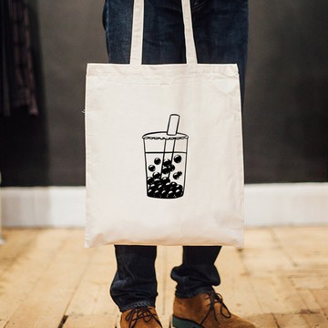 Bubble Tea 帆布環保手提肩包購物袋 米白 珍珠奶茶大容量秋冬
