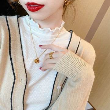 【🍒櫻桃大尺碼】M-4XL 大尺碼 大尺碼春秋季螺纹半高领打底衫女装内搭薄款长袖T恤白色木耳边上衣