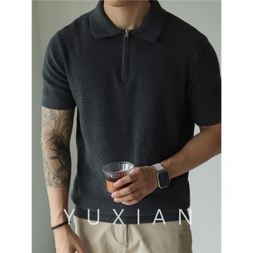 YUXIAN純棉半拉鏈復古短袖翻領短袖T恤針織美式日系男士春夏季