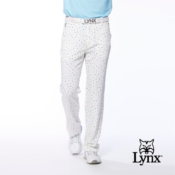【Lynx Golf】男款吸溼排汗彈性舒適滿版英文字體印花設計平口休閒長褲-白色