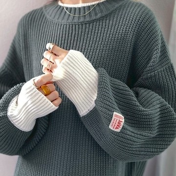 JaVa 針織長袖 上衣 寬鬆 假兩件式 疊穿風