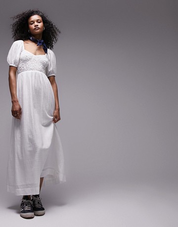 Topshop textured bust maxi dress in ivory-White