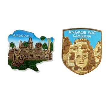 造型布貼＋磁鐵【2件組】 柬埔寨吳哥窟可愛磁鐵＋柬埔寨 吳哥窟 文青電繡 彩色磁鐵 冰箱磁鐵 白板磁鐵 立體冰箱貼 磁鐵 _廠商直送