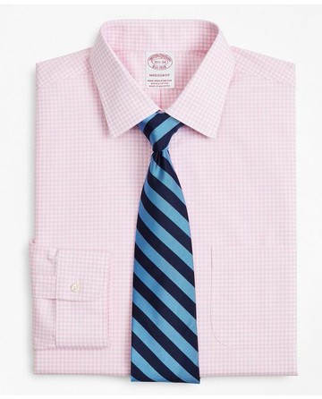 Brooks Brothers Men's Stretch Madison Relaxed-Fit Dress Shirt, Non-Iron Poplin Ainsley Collar Gingham | Pink | Size 14½ 32