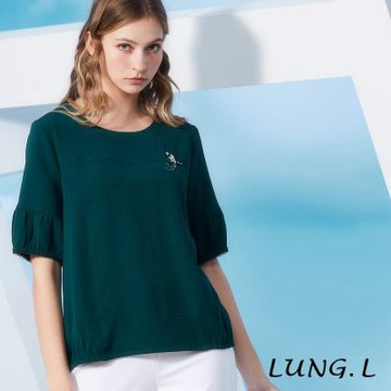 LUNG.L林佳樺 綠色圓領前胸飾品五分燈籠袖女裝上衣LS85A