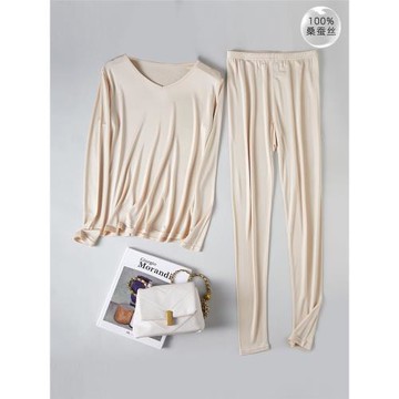 高品質6A級100%桑蠶絲保暖女士內衣套裝 純色舒適V領真絲秋衣秋褲