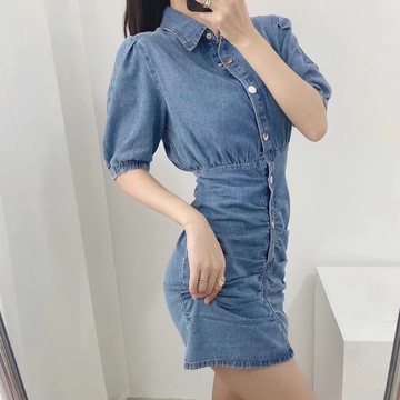 奈看新品/氣質UP~復古POLO翻領收腰鄒鄒牛仔洋裝裙