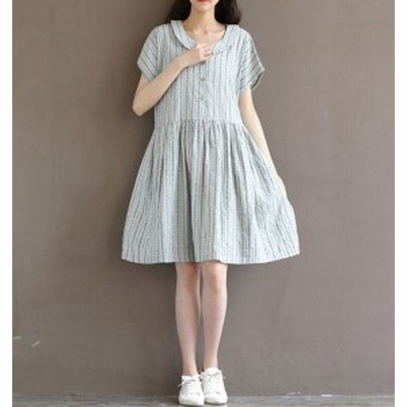 カントリー調 ゆったり ひざ丈 ワンピース 半袖 ストライプ柄 ガーリー 夏服 秋服 韓国 ファッション 通販 Lineポイント最大1 0 Get Lineショッピング