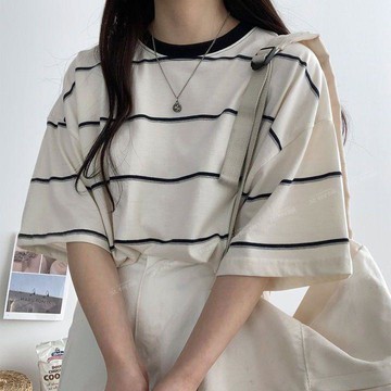 【免運】KOKA 100%條紋短袖T恤 女 Oversize 潮 夏季 中長款 學生 加大碼 韓版 棉 寬鬆 短袖T恤