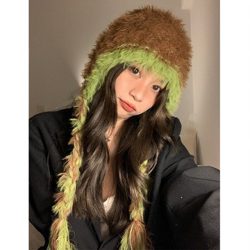 冬季保暖顯臉小毛絨針織帽子女韓版百搭護耳可愛長辮子毛毛雷鋒帽