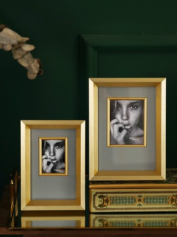 費靈家居實木金色灰色卡紙相框 創意輕奢時尚長方形木制畫框擺臺