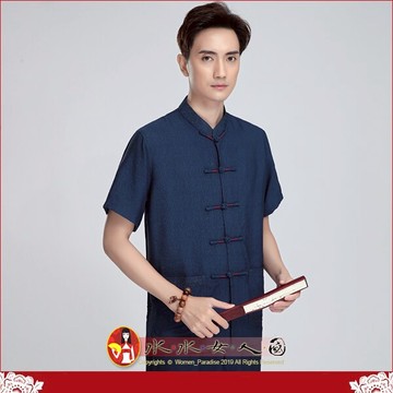 中國風男裝短袖唐裝上衣優質純色復古棉麻精繡中山裝漢服男青年時尚必備襯衫｜風流 藍色｜水水女人國