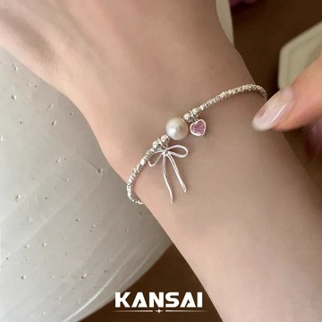 KANSAI 粉鋯石蝴蝶結吊墜碎銀手鍊 輕奢 小眾 精緻 ins 百搭 手飾 女
