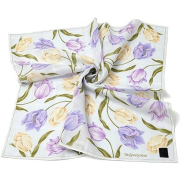 YSL Yves Saint Laurent 淺藍底格紋紫鬱金香圖騰品牌字母LOGO帕領巾(56CM)