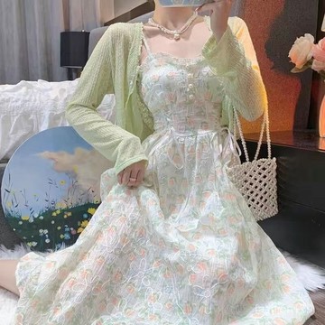 💛限時下殺💛大碼碎花吊帶連衣裙 薄款防曬開衫兩件套 吊帶連衣裙 洋裝兩件套 大尺碼套裝 顯瘦裙子 長袖開衫 吊帶裙 洋裝