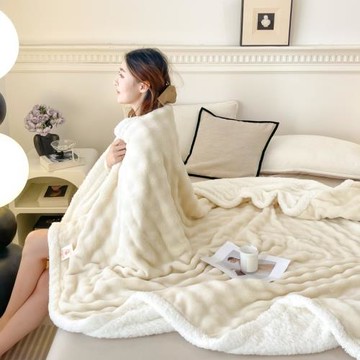 新款A類母嬰兔絨毛毯+羊羔絨雙層加厚貝貝絨泡泡絨毯蓋毯禮品批發