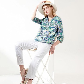 JIN HWA 今譁 詹譁霓 韓版時尚色印花領口造型假兩件設計修身上衣U6211