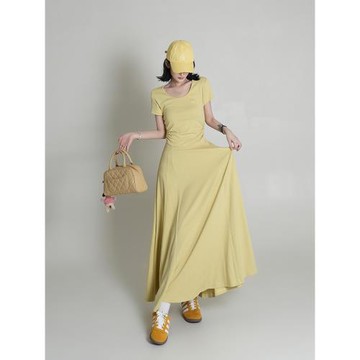 (免運)吳童童 黃色圓領短袖連衣裙女夏季新款韓系修身收腰A字長款裙子