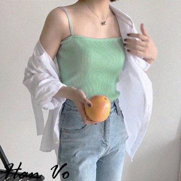 【HanVo】簡約雙肩帶針織背心 夏日 必備 時尚 舒適 造型 簡約 雙肩帶 細肩 背心 網美 A01-1056