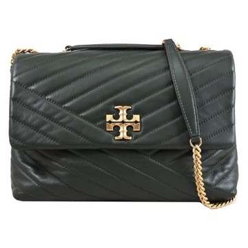 TORY BURCH KIRA 金屬LOGO絎縫皮革翻蓋式鍊包/肩斜背包(深綠)
