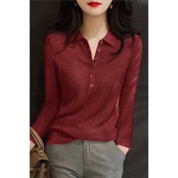 秋冬季2025新款高級polo領針織打底衫上衣女裝正肩酒紅色長袖毛衣
