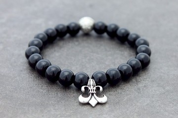 串珠黑曜石Fleur De Lis魅力手鐲男性男女皆宜