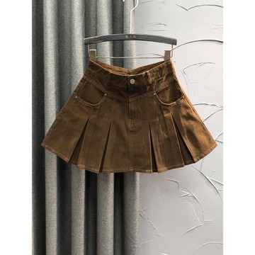 韓版高腰減齡牛仔短裙女春季時尚洋氣百搭顯瘦學院風A字百褶裙子