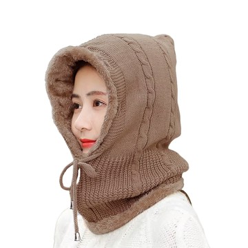 Decoy 韓版潮流 秋冬女士戶外護耳針織保暖帽脖圍一體保暖帽/咖啡色