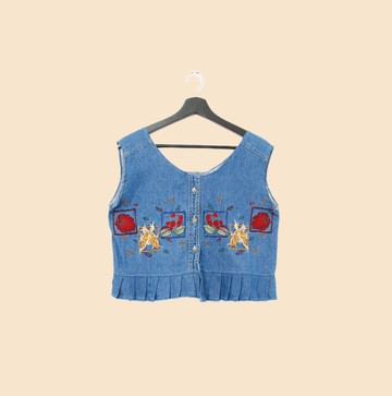 Back to Green-丹寧刺繡背心 楓葉 玉米 框 dv-36//vintage vest