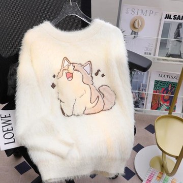3D立體奶fufu小貓毛衣女秋冬2024新款寬松圓領慵懶水貂毛針織外套
