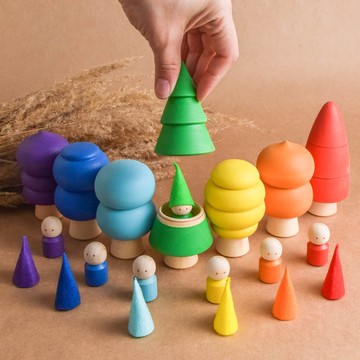 帶釘娃娃的木樹玩具組 小人物像 彩虹林地