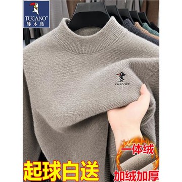 啄木鳥半高領加絨加厚毛衣男士冬季2024新款保暖一體絨羊毛打底衫