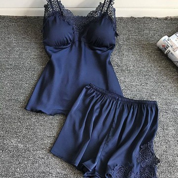 DUYI~夢詩 睡衣女夏季兩件套冰絲睡裙性感仿真絲吊帶家居服薄款絲綢蕾絲套裝